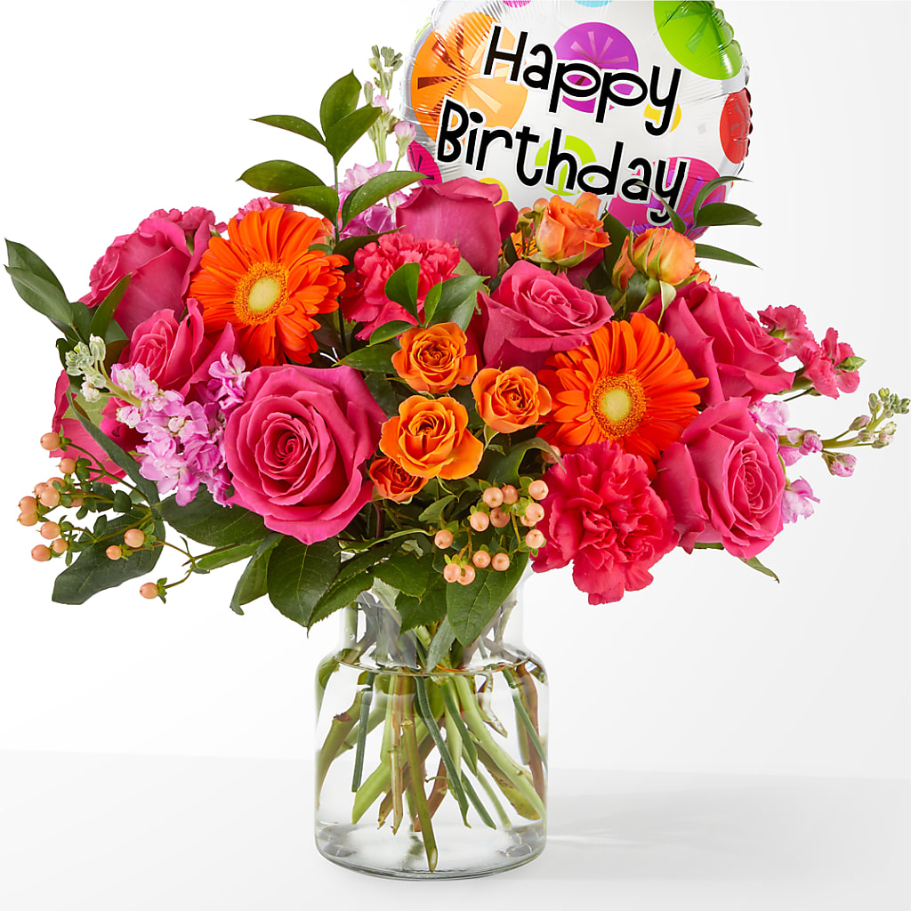 Fiesta Bouquet with Birthday Balloon – MOORE'S FLOWERS & GIFTS, Fayette AL