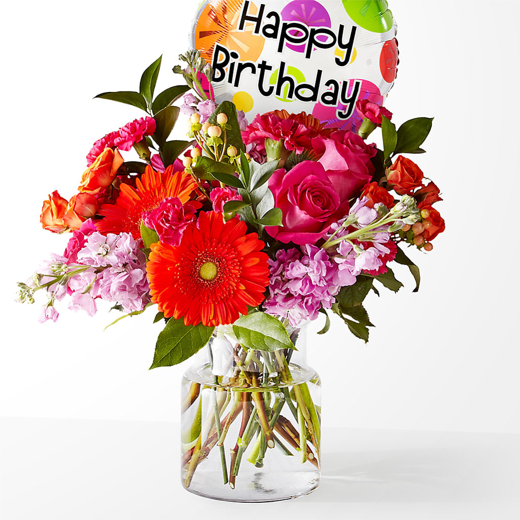 Fiesta Bouquet with Birthday Balloon – MOORE'S FLOWERS & GIFTS, Fayette AL