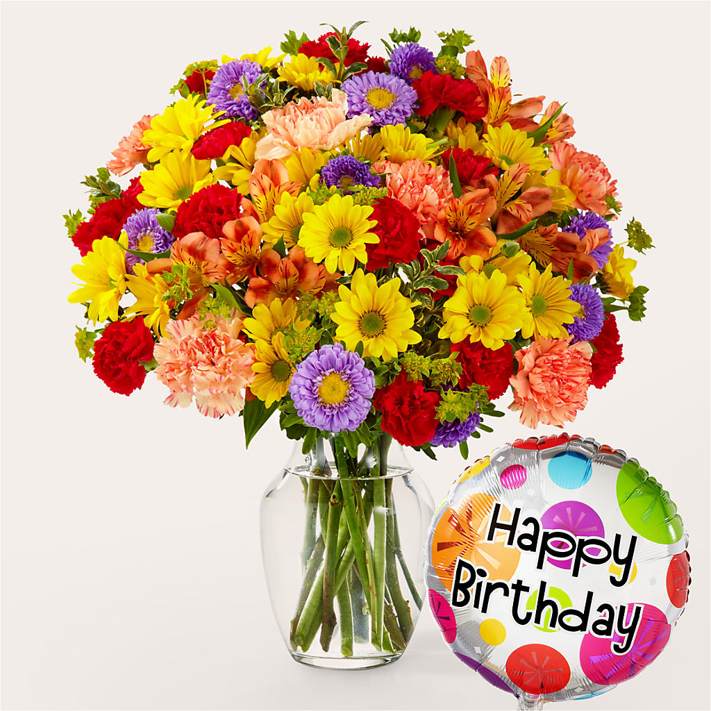 Kaleidoscope Bouquet with Birthday Balloon – MOORE'S FLOWERS & GIFTS, Fayette AL