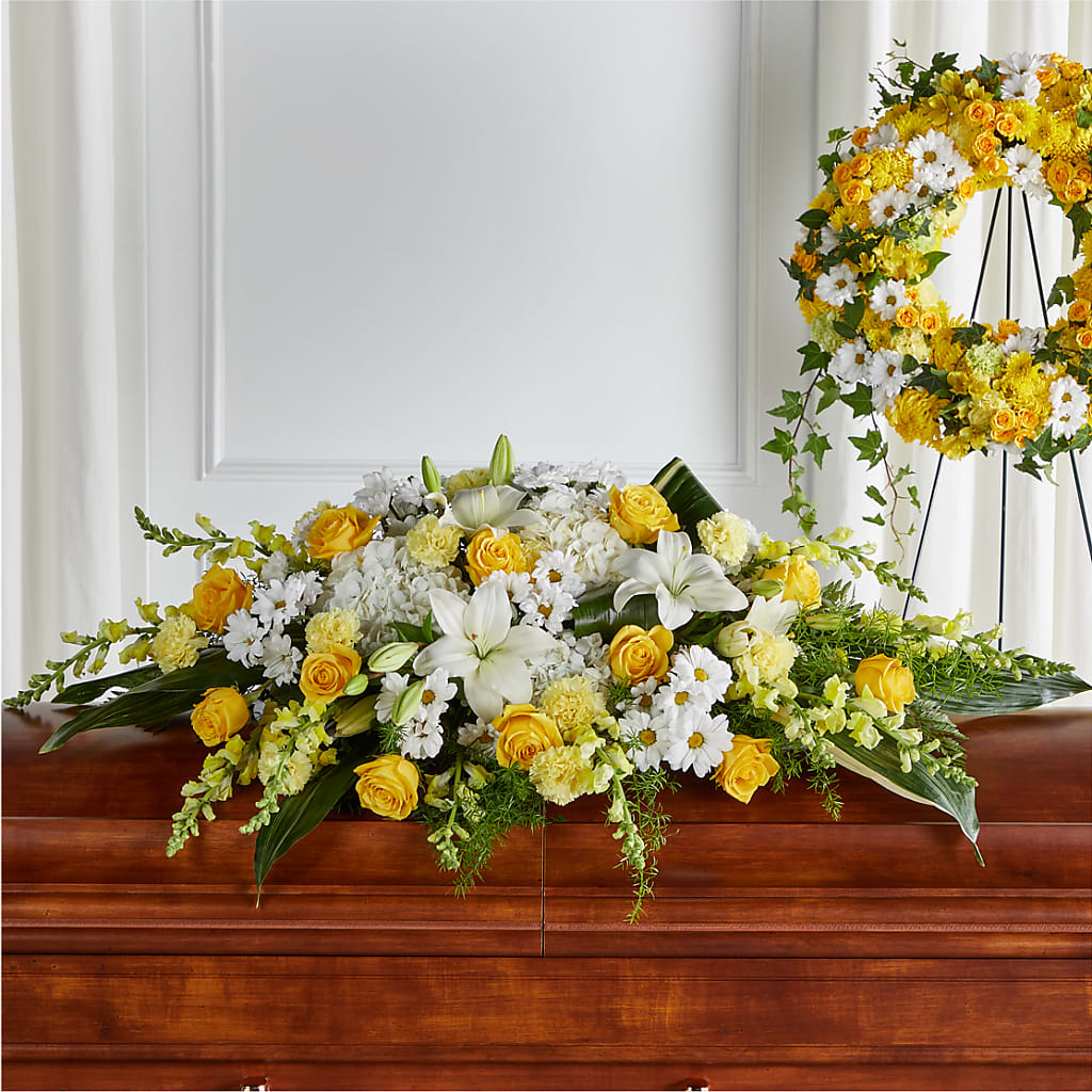Golden Harmony Casket Spray – MOORE'S FLOWERS & GIFTS, Fayette AL
