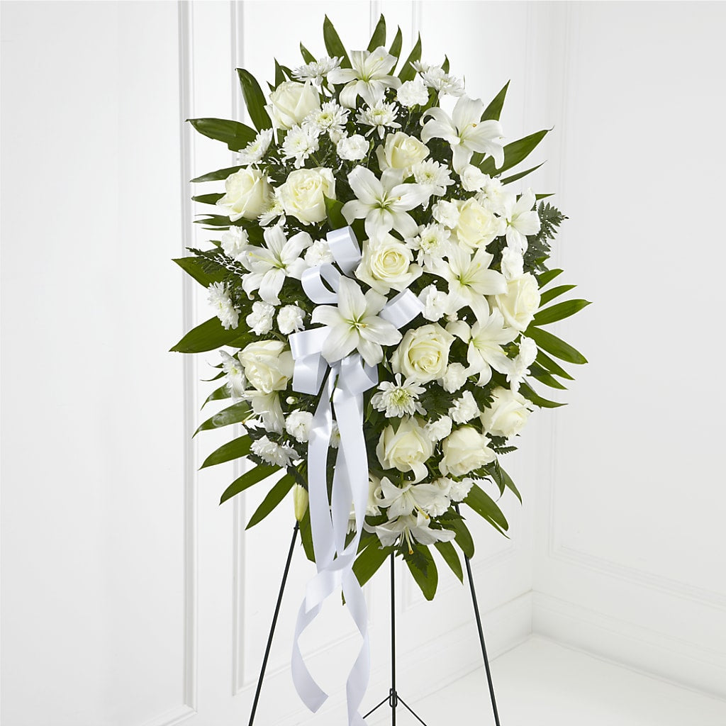 Exquisite Tribute Standing Spray-White Ribbon – MOORE'S FLOWERS & GIFTS, Fayette AL