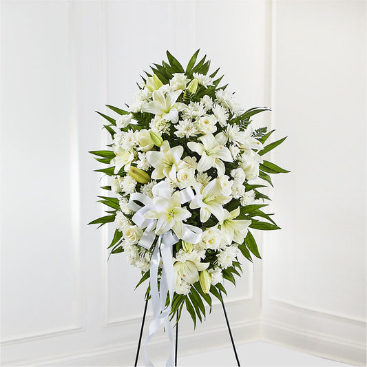 Exquisite Tribute Standing Spray-White Ribbon – MOORE'S FLOWERS & GIFTS, Fayette AL